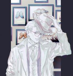 Rule 34 | 1boy, bug, butterfly, closed mouth, coat, collared shirt, eye focus, facial hair, fedora, glasses, hand up, hat, highres, holding, bug, insect collection, long sleeves, looking at viewer, male focus, necktie, original, sankomichi, shirt, short hair, sketch, smile, solo, spot color, stubble, upper body, vest, yellow eyes