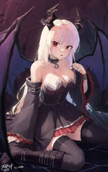 Rule 34 | 1girl, absurdres, bare shoulders, black dress, black footwear, black thighhighs, boots, breasts, cleavage, collar, commission, dated, demon girl, demon horns, demon tail, detached sleeves, dress, frilled sleeves, frills, highres, horns, knee boots, kokukyukeo, large breasts, layered dress, long hair, long sleeves, looking at viewer, open mouth, original, red eyes, signature, solo, strapless, strapless dress, tail, thighhighs, very long hair, white hair, wide sleeves, zettai ryouiki
