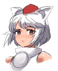 Rule 34 | 1girl, absurdres, animal ears, bare shoulders, cropped torso, hat, highres, inubashiri momiji, looking at viewer, orange eyes, parted lips, quanero, shirt, short hair, simple background, sleeveless, solo, tokin hat, touhou, upper body, white background, white hair, white shirt, wolf ears, wolf girl