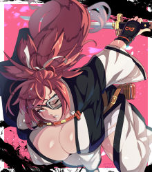 Rule 34 | 1girl, amputee, baiken, big hair, black kimono, bouncing breasts, breasts, cleavage, eyepatch, facial tattoo, guilty gear, guilty gear strive, highres, huge breasts, japanese clothes, kataginu, kimono, mikichika, multicolored clothes, multicolored kimono, one-eyed, pink hair, ponytail, red eyes, scar, solo, sword, tattoo, unaligned breasts, unsheathed, weapon, white kimono