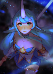 Rule 34 | 1girl, absurdres, bare shoulders, black background, blue background, blue skirt, blush, breasts, choker, cleavage, closed mouth, collarbone, commentary, dress, english commentary, green choker, green eyes, green hair, highres, horns, league of legends, long hair, long sleeves, looking at viewer, medium breasts, pointy ears, raida (raidasart), single horn, skirt, solo, soraka (league of legends), space, star guardian (league of legends), star guardian soraka, thighhighs
