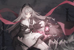 Rule 34 | 1girl, absurdres, arknights, black gloves, black jacket, capelet, closed mouth, commentary request, feet out of frame, frilled skirt, frills, gloves, grey eyes, grey hair, highres, holding, holding lantern, irene (arknights), jacket, lantern, long hair, long sleeves, looking away, mochizuki inochi, pantyhose, puffy long sleeves, puffy sleeves, red pupils, sitting, skirt, solo, very long hair, white capelet, white pantyhose, white skirt