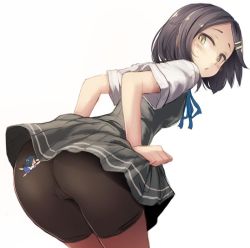 Rule 34 | 10s, 1girl, ass, bike shorts, black hair, blush, breasts, clothes pull, fairy (kancolle), from behind, hair ornament, hairclip, jpeg artifacts, kantai collection, kuroshio (kancolle), leaning forward, looking back, mini person, minigirl, parted bangs, pleated skirt, short hair, short sleeves, simple background, skirt, skirt pull, small breasts, solo, sweatdrop, utopia, white background, yellow eyes