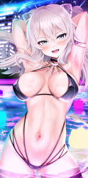 Rule 34 | 1girl, :d, ahoge, animal ears, arm behind head, arm up, armlet, armpits, arms behind head, arms up, bikini, black bikini, black choker, black nails, blush, bracelet, breasts, breasts apart, character name, choker, closed eyes, closed mouth, contrapposto, fang, glint, highres, hololive, jewelry, large breasts, laughing, licking lips, lion ears, lion girl, lion tail, long hair, mizuno kurage, multi-strapped bikini, nail polish, navel, neck ring, one eye closed, open mouth, pool, shishiro botan, skindentation, smile, solo, ssrb (shishiro botan), stomach, swimsuit, tail, teeth, tongue, tongue out, v-shaped eyebrows, virtual youtuber, wading, water, water drop, wet, white hair