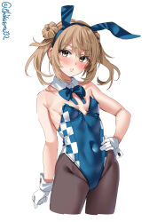 Rule 34 | 1girl, animal ears, bare shoulders, black pantyhose, blue leotard, blue ribbon, blush, breasts, checkered leotard, collarbone, contrapposto, covered navel, cowboy shot, cropped legs, detached collar, double bun, ebifurya, fake animal ears, gloves, hair bun, hand on own hip, highleg, highleg leotard, highres, kantai collection, leotard, light brown hair, looking at viewer, michishio (kancolle), neck ribbon, one-hour drawing challenge, pantyhose, parted lips, rabbit ears, ribbon, simple background, small breasts, solo, strapless, strapless leotard, twitter username, white background, white gloves