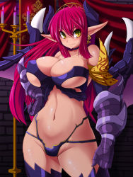 Rule 34 | 1girl, armor, bare shoulders, breasts, candlestand, earrings, gauntlets, green eyes, hand on own hip, highres, hip focus, huge breasts, jewelry, long hair, navel, original, pink hair, pointy ears, raised eyebrow, smile, solo, umigarasu (magipro), underboob
