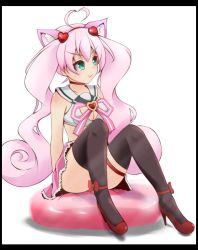 Rule 34 | 10s, 1girl, ahoge, animal ears, black thighhighs, bow, breasts, brooch, cat ears, cleavage, cleavage cutout, clothing cutout, crop top, framed, fumi (fumifumi-graffiti), green eyes, hair ornament, heart, heart ahoge, jewelry, long hair, looking away, pink hair, rosia (show by rock!!), show by rock!!, simple background, sitting, skirt, solo, thigh strap, thighhighs, thighs, twintails, very long hair