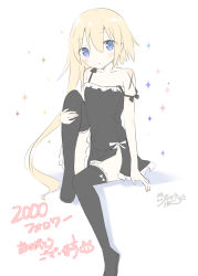 Rule 34 | 1girl, :o, arm support, bare arms, bare shoulders, black dress, black footwear, black thighhighs, blonde hair, blue eyes, blush, boots, bow, dress, frilled dress, frills, full body, hair between eyes, head tilt, highres, long hair, looking at viewer, original, parted lips, ribbon, side slit, signature, simple background, sitting, sleeveless, sleeveless dress, solo, sparkle, strap slip, tareme, thigh boots, thighhighs, tia-chan, translation request, uchuuneko, very long hair, white background, white bow, white ribbon