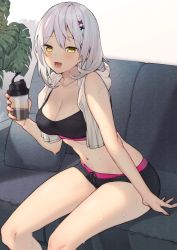 Rule 34 | 1girl, :d, bare arms, bare legs, bare shoulders, black shorts, blush, breasts, cleavage, collarbone, commentary request, couch, cup, drink, feet out of frame, hair ornament, highres, holding, holding cup, itohana, leaning forward, looking at viewer, medium breasts, navel, on couch, open mouth, original, short hair, short shorts, shorts, silver hair, sitting, smile, solo, sports bra, stomach, sweat, towel, towel around neck, x hair ornament, yellow eyes