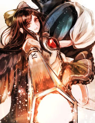Rule 34 | 1girl, aiming, aiming at viewer, arm cannon, bad id, bad pixiv id, black hair, black wings, bow, brown eyes, cape, embers, feathered wings, hair bow, highres, jan (lightdragoon), long hair, looking at viewer, miniskirt, open mouth, reiuji utsuho, short sleeves, skirt, solo, third eye, touhou, upper body, weapon, wings