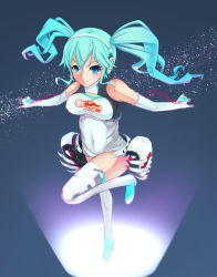 Rule 34 | 1girl, aqua eyes, aqua hair, boots, covered navel, elbow gloves, full body, gloves, goodsmile racing, grapepop, hatsune miku, headphones, highres, long hair, race queen, racing miku, racing miku (2014), smile, solo, thigh boots, thighhighs, twintails, vocaloid