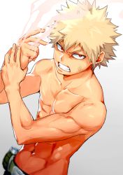 Rule 34 | 1boy, abs, bakugou katsuki, bara, bare arms, bare shoulders, blonde hair, boku no hero academia, bomb, bruise, collarbone, explosive, fighting stance, from above, gradient background, injury, looking at viewer, male focus, muscular, navel, no nipples, pants, red eyes, simple background, solo, spiked hair, steam, teeth, topless male, tsudoo