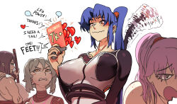 Rule 34 | 4girls, angry, armband, black hair, blue hair, blush, breasts, closed mouth, des (desvitio), freckles, hair ornament, highres, huge breasts, large breasts, long hair, long sleeves, multiple girls, neck, nipples, nose, open mouth, original, polearm, ponytail, science fiction, shirt, short hair, sigh, simple background, smile, standing, twintails, upper body, weapon, white background, yellow eyes