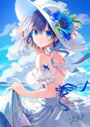 Rule 34 | 1girl, artist name, bare back, bare shoulders, blue eyes, blue hair, blue sky, blush, breasts, cloud, cloudy sky, commentary request, cumulonimbus cloud, detached sleeves, dress, flower, gown, hat, hat flower, highres, looking at viewer, mountain, neck ribbon, ocean, original, oshio (dayo), outdoors, puffy short sleeves, puffy sleeves, ribbon, short hair, short sleeves, signature, skirt, skirt hold, sky, smile, solo, sun hat, sundress, sweat