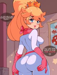 Rule 34 | 1girl, absurdres, ass, blonde hair, blue eyes, blush, bodysuit, breasts, crown, from behind, gloves, heart, highres, huge ass, large breasts, long hair, looking at viewer, looking back, mario (series), mushroom, nintendo, parted lips, picture frame, pillar, pink gloves, pink scarf, ponytail, princess, princess peach, racing suit, scarf, smile, spoken heart, standing, star (symbol), teeth, the super mario bros. movie, thick thighs, thighs, tiara miss tsu, white bodysuit