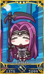 Rule 34 | 1girl, black gloves, blush stickers, chibi, collar, closed eyes, fate/grand order, fate (series), gloves, highres, hip vent, holding, holding weapon, long hair, medusa (fate), medusa (lancer) (fate), medusa (rider) (fate), no nose, official art, open mouth, purple hair, rider, riyo (lyomsnpmp), solo, star (symbol), very long hair, weapon