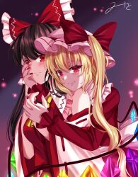 Rule 34 | 2girls, adapted costume, ascot, bare shoulders, blonde hair, blush, bow, breasts, brown hair, closed mouth, collared shirt, crystal, dark background, fang, fang out, flandre scarlet, frilled bow, frilled shirt, frilled shirt collar, frills, glowing, glowing wings, hair between eyes, hair bow, hakurei reimu, hand on another&#039;s face, highres, large bow, light smile, long hair, long sleeves, medium breasts, mito (fate), multicolored wings, multiple girls, nail polish, pink background, pink headwear, purple background, red bow, red eyes, red nails, red ribbon, red shirt, ribbon, ribbon-trimmed sleeves, ribbon trim, shirt, simple background, sleeveless, sleeveless shirt, touhou, wings, yellow ascot, yuri