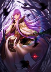 Rule 34 | 1girl, absurdres, belt, black feathers, cape, commission, commissioner upload, dress, expressionless, feathers, fire emblem, fire emblem: the binding blade, fire emblem heroes, full body, hand on own chest, highres, long dress, long hair, long sleeves, nhlo, nintendo, purple eyes, purple hair, signature, solo, sophia (fire emblem), very long hair, white dress