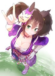 Rule 34 | 1girl, blush, bracelet, breasts, brown hair, cleavage, closed mouth, fang, fox mask, fox shadow puppet, from above, full body, hair between eyes, hand on own hip, highres, horse girl, inari one (umamusume), japanese clothes, jewelry, kimono, kouhaku nawa, large breasts, looking at viewer, mask, mask on head, medium hair, mengo (captainmeteor6), obi, outstretched arm, purple kimono, reaching, reaching towards viewer, rope, sandals, sarashi, sash, shimenawa, smile, solo, standing, tabi, twintails, twitter username, umamusume, v-shaped eyebrows