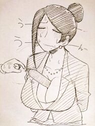 Rule 34 | 1girl, arms behind back, asymmetrical bangs, between breasts, bijin onna joushi takizawa-san, black hair, blush, breas, breasts, cleavage, closed mouth, disembodied hand, earrings, embarrassed, facing to the side, female focus, food, formal, hair bun, jacket, japanese text, jewelry, large breasts, long bangs, mole, mole under mouth, necklace, office lady, parted bangs, sagging breasts, sausage, solo focus, suit, suit jacket, sweat, sweatdrop, takizawa kyouko, undershirt, upper body, wavy mouth, yan-baru