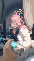 Rule 34 | 1boy, 1girl, absurdres, aftersex, aru (blue archive), blue archive, bottle, city, highres, horns, night, nude, pink eyes, pink hair, pov, pov hands, ryeon (bluetom1), sitting, sweat, water bottle, window