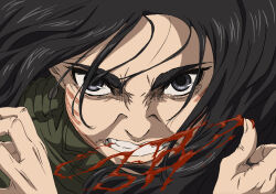Rule 34 | 1boy, 1girl, artist request, biting own finger, black hair, blood, blood splatter, clenched teeth, close-up, countdown, facial mark, fighting stance, frown, grey eyes, hands up, head tilt, highres, long hair, looking at viewer, loose hair strand, official art, pieck finger, sanpaku, serious, shingeki no kyojin, solo, teeth, thick eyebrows, tsurime, wind