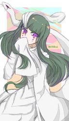 Rule 34 | 1girl, arrancar, bleach, blunt bangs, covering own mouth, cyan sung-sun, expressionless, facial mark, green hair, long hair, looking at viewer, nishiko (kagerou1230815), purple eyes, resurreccion, sleeves past wrists, snake, solo