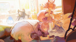 Rule 34 | 1boy, 4girls, :d, animal, animal ears, arknights, black cat, black gloves, black jacket, blue hairband, braid, cat, christine (arknights), closed eyes, commentary, crafting, dress, english commentary, extra ears, fox ears, fox girl, fox tail, fur-trimmed hood, fur trim, gloves, grey hair, hair ribbon, hairband, happy, highres, holding, holding animal, holding cat, hood, hood down, hood up, hooded jacket, infection monitor (arknights), jacket, kettle, kitsune, large tail, long hair, long sleeves, lying, material growth, morte (arknights), multiple girls, multiple tails, nekomata, neriash, on stomach, open mouth, oripathy lesion (arknights), out of frame, pantyhose, phantom (arknights), pink eyes, pink hair, projekt red (arknights), provence (arknights), purple dress, purple hair, purple shirt, red jacket, rhodes island logo (arknights), ribbon, seiza, shamare (arknights), shirt, sidelocks, single braid, sitting, smile, suzuran (arknights), tactical clothes, tail, twintails, vest, white pantyhose, white shirt, wolf ears, wolf girl, wolf tail