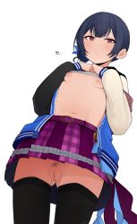 Rule 34 | 1girl, bad id, bad pixiv id, bar censor, belt, black hair, black thighhighs, blush, breasts, censored, clothes lift, fat mons, female pubic hair, frills, gluteal fold, groin, hair bun, heart, highres, idolmaster, idolmaster shiny colors, irogomi, jacket, lifted by self, looking at viewer, mole, mole on pussy, morino rinze, navel, nipples, no panties, open clothes, open jacket, petite, pubic hair, red eyes, shirt lift, simple background, single hair bun, skirt, sleeves past wrists, small breasts, solo, sweat, thighhighs, white background