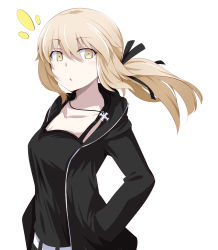Rule 34 | 1girl, artoria pendragon (all), artoria pendragon (fate), belt, black jacket, black shirt, blonde hair, breasts, chata maru (irori sabou), collarbone, commentary request, fate/grand order, fate (series), hair ribbon, highres, jacket, jewelry, long hair, looking at viewer, necklace, official alternate costume, ponytail, ribbon, saber alter, saber alter (ver. shinjuku 1999) (fate), shirt, simple background, solo, white background, white belt, yellow eyes