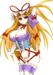 Rule 34 | 1girl, adapted costume, alternate costume, arm up, ass, blonde hair, blush, bow, breasts, choker, cleavage, corset, cowboy shot, elbow gloves, eyebrows, frilled thighhighs, frills, gloves, hair bow, hand in own hair, large breasts, long hair, looking at viewer, mabuchoco m, navel, panties, puffy short sleeves, puffy sleeves, purple eyes, short sleeves, simple background, smile, solo, sweat, thighhighs, thighs, touhou, underwear, white background, white gloves, yakumo yukari