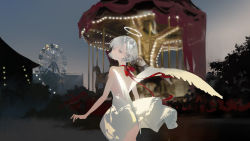 Rule 34 | 1girl, absurdres, backless dress, backless outfit, bare arms, blurry, blurry background, building, carousel, chinese commentary, closed mouth, commentary request, cowboy shot, dress, ferris wheel, from behind, grey eyes, halo, highres, looking at viewer, looking back, night, original, outdoors, red ribbon, ribbon, short hair, sleeveless, sleeveless dress, solo, soungruan mian mao, white dress, white hair, wings