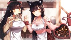 Rule 34 | 2girls, animal ears, apron, atago (azur lane), azur lane, black hair, blurry, blurry background, blush, bound, bound wrists, bow, box, breasts, brown eyes, brown sweater, casual, chocolate, closed mouth, extra ears, gift, hair bow, hair flaps, hair ribbon, heart-shaped box, heart-shaped food, highres, holding, holding gift, holding hands, holding whisk, indoors, large breasts, light particles, long hair, looking at viewer, mole, mole under eye, multiple girls, off-shoulder, off-shoulder sweater, off shoulder, pink sweater, ponytail, red bow, ribbon, roslyria, sidelocks, smile, sweater, swept bangs, takao (azur lane), upper body, very long hair, whisk, white ribbon, window