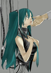 Rule 34 | 1girl, android, cable, green hair, grey nails, hanging, hatsune miku, joints, long hair, looking up, nail polish, necktie, onigunsou, open mouth, robot joints, solo, tears, twintails, vocaloid