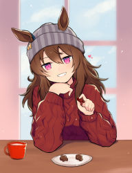 Rule 34 | 1girl, aimai (luckyfive), animal ears, aran sweater, beanie, blurry, blurry background, brown hair, cable knit, chocolate, cup, ears through headwear, elbow rest, food, grey hat, grin, hat, heart, highres, holding, holding chocolate, holding food, horse ears, long hair, looking at viewer, nakayama festa (umamusume), open mouth, pink hair, plate, red sweater, smile, solo, sweater, table, teeth, turtleneck, turtleneck sweater, umamusume, upper body, valentine, window