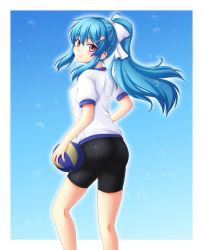 Rule 34 | 1girl, alternate costume, ass, bike shorts, blue hair, blue sky, bow, cloud, food, fruit, gradient background, gym uniform, hair bow, hair ornament, hairclip, hinanawi tenshi, isaki (gomi), long hair, looking at viewer, looking back, peach, pink eyes, ponytail, puffy sleeves, revision, shirt, sky, smile, solo, touhou, very long hair