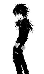 Rule 34 | 1boy, bags under eyes, cosplay, death note, from side, greyscale, l (death note), male focus, monochrome, parody, ryuk, shinigami, simple background, solo, white background