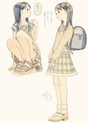 Rule 34 | 1girl, backpack, bag, black hair, bow, brown sweater, child, convenient leg, dress, female focus, full body, hair bow, hair ornament, hairclip, highres, kokudou juunigou, legs, multiple views, nose, original, pale color, plaid, plaid skirt, sandals, shoes, simple background, skirt, sleeves past wrists, socks, solo, squatting, standing, sweater, tareme, v arms, white background, white bow, white socks