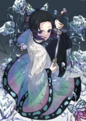 1girl absurdres animal_print black_hair blurry bug butterfly butterfly_hair_ornament butterfly_print coat dated depth_of_field female_focus forehead gradient_hair grey_background hair_ornament highres huge_filesize ice_flower insect japanese_clothes katana kimetsu_no_yaiba kimono kimyo kochou_shinobu long_sleeves looking_at_viewer looking_back multicolored_hair open_mouth parted_bangs purple_hair scabbard sheath short_hair sitting smile solo sword two-tone_hair unsheathing weapon wide_sleeves