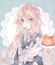Rule 34 | 1girl, ahoge, blue eyes, braid, closed mouth, commentary, cutlery, expressionless, food, fork, frilled sleeves, frills, hair between eyes, highres, holding, holding fork, holding plate, ia (vocaloid), japanese clothes, kimono, long hair, marker (medium), pancake, paruno, pink hair, plate, ribbon, solo, striped ribbon, traditional media, twin braids, vocaloid, wide sleeves