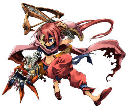 Rule 34 | assassin, assassin (yggdra union), blue eyes, bow (weapon), claws, crossbow, kiyuzuki satoko, mask, midriff, official art, red hair, scarf, solo, weapon, yggdra union
