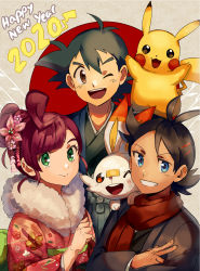Rule 34 | 1girl, 2020, 2boys, ;d, alternate costume, antenna hair, ash ketchum, black hair, blue eyes, brown eyes, chloe (pokemon), clenched teeth, closed mouth, commentary, creatures (company), eyelashes, flower, game freak, gen 1 pokemon, goh (pokemon), green eyes, hair between eyes, hair bun, hair flower, hair ornament, happy new year, highres, japanese clothes, kash-phia, kimono, multiple boys, new year, nintendo, on shoulder, one eye closed, open mouth, pikachu, pokemon, pokemon (anime), pokemon (creature), pokemon journeys, pokemon on shoulder, red scarf, scarf, single hair bun, smile, teeth, tongue, upper teeth only, w