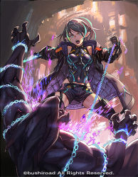 Rule 34 | 1girl, bare shoulders, battle, black hair, black legwear, blue eyes, cardfight!! vanguard, chain, chain, claws, covered navel, djheycha, fire, garter straps, green hair, harusame tsubaki, holding, holding chain, jacket, monster, multicolored hair, official art, open clothes, open jacket, outdoors, padded jacket, pointy ears, purple fire, purple jacket, short hair, standing, teeth, tongue, vanguard (warship girls r), zipper