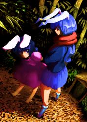 Rule 34 | 2girls, animal ears, arms behind back, bad id, bad pixiv id, bamboo, bamboo forest, barefoot, black eyes, black hair, blazer, crossed arms, extra ears, feconf, forest, frills, from behind, gathers, inaba tewi, jacket, kneehighs, leaf, loafers, long hair, long sleeves, multiple girls, nature, plaid, plaid skirt, plant, puffy short sleeves, puffy sleeves, purple hair, rabbit ears, red eyes, reisen udongein inaba, scarf, shoes, short hair, short sleeves, skirt, skirt set, smile, socks, touhou, white legwear