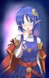 Rule 34 | 1girl, absurdres, ahoge, blue eyes, blue hair, blush, cape, crescent, crescent hair ornament, hair ornament, highres, looking at viewer, pointy ears, red cape, rena lanford, short hair, skirt, solo, star (sky), star ocean, star ocean the second story, u-zone