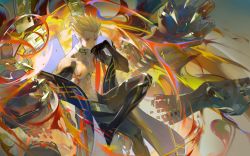 Rule 34 | 1boy, abs, absurdres, blonde hair, clothing request, collarbone, earrings, evil grin, evil smile, fate (series), fire, gilgamesh (fate), gold, grin, hand up, highres, jewelry, crossed legs, looking at viewer, male focus, parted lips, pectorals, red eyes, short hair, sitting, smile, solo, spiked hair, toned, toned male, v-shaped eyebrows, w zhengz