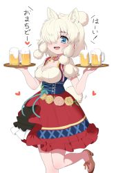 Rule 34 | 1girl, alcohol, alpaca ears, alpaca girl, alpaca suri (kemono friends), alpaca tail, animal ears, asymmetrical clothes, beer, beer mug, black dress, blue dress, blue eyes, blush, bow, commentary request, cowboy shot, cup, dirndl, dress, extra ears, footwear bow, frilled dress, frills, german clothes, hair bun, hair over one eye, hair tubes, high heels, highres, jewelry, kemono friends, kemono friends 3, mug, multicolored clothes, necklace, official alternate costume, puffy short sleeves, puffy sleeves, ransusan, red dress, shirt, shoes, short hair, short sleeves, single hair bun, solo, standing, standing on one leg, tail, translation request, tray, waitress, white dress, white hair, white shirt