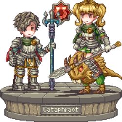 Rule 34 | 1boy, 1girl, armor, blonde hair, boots, cataphract (tree of savior), cavalry, cuirassier, faux figurine, greaves, grey hair, holding, holding polearm, holding weapon, horns, horseback riding, monster, pixel art, polearm, red eyes, riding, simple background, single horn, toshi6786, tree of savior, trident, velheilder, weapon, white background