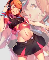 Rule 34 | 1girl, ;), ;d, atlus, breasts, brown eyes, brown hair, female focus, happy, headset, highres, legs, looking at viewer, medium breasts, nail polish, nails, navel, one eye closed, open mouth, persona, persona 3, persona 3: dancing moon night, persona dancing, short hair, skirt, smile, solo, standing, takeba yukari, tongue, tongue out, yuu ten