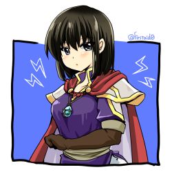 Rule 34 | black hair, blue background, blue eyes, blush, breasts, brown gloves, cape, elbow gloves, fire emblem, fire emblem: thracia 776, gloves, jewelry, leather, leather gloves, lightning bolt symbol, looking at viewer, medium breasts, nintendo, olwen (fire emblem), pendant, shirt, short hair, simple background, solo, straight hair, twitter username, two-tone background, upper body, white background, yukia (firstaid0)